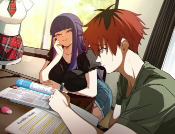 1boy 1girl absurdres arm_support artist_name black_shirt blue_shorts blunt_bangs book c: commentary contemporary cropped_shirt english_text eraser fern_(sousou_no_frieren) from_side furrowed_brow green_shirt heart heart-shaped_pupils highres indoors inkspirate long_hair mannequin naughty_face pencil profile puffy_short_sleeves puffy_sleeves purple_hair red_eyes red_hair red_skirt remote_control_vibrator sex_toy shirt short_sleeves shorts sitting skirt smile sousou_no_frieren stark_(sousou_no_frieren) symbol-shaped_pupils table twitter_username twitter_x_logo vibrator whip