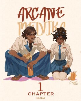 2girls alternate_costume alternate_hairstyle alternate_universe angrymiloras arcane:_league_of_legends can closed_mouth collarbone collared_shirt commentary couple cup dark-skinned_female dark_skin eating english_commentary english_text food full_body hair_between_eyes hair_ornament hair_up height_difference highres holding holding_can holding_cup holding_food league_of_legends light_smile long_sleeves looking_at_another looking_to_the_side loose_necktie mel_(league_of_legends) multiple_girls muscular muscular_female necktie orange_background partially_unbuttoned school_uniform seiza sevika_(arcane) shirt short_hair sitting skirt squatting very_dark_skin white_shirt yuri