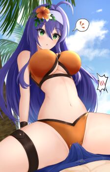 1boy 1girl ahoge alternate_costume assertive_female beach bikini breasts bulge cleavage cowgirl_position day embarrassed erection fire_emblem fire_emblem:_path_of_radiance fire_emblem:_radiant_dawn fire_emblem_heroes flower green_eyes grinding grinding_over_clothes hair_between_eyes hair_flower hair_ornament head_out_of_frame headband hetero highres imminent_penetration imminent_vaginal kiran_(fire_emblem) male_kiran_(fire_emblem) large_breasts long_hair mia_(fire_emblem) mia_(summer)_(fire_emblem) midriff nintendo official_alternate_costume open_mouth orange_bikini outdoors palm_tree purple_hair ryuusaki_rei solo_focus spread_legs straddling surprised swimsuit teasing thick_thighs thighs tree underboob very_long_hair