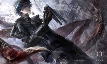 1boy absurdres black_coat black_eyes black_gloves black_hair black_hood black_mask black_reaper closed_mouth coat commentary english_commentary english_text et_atr3 gloves gums highres holding holding_mask kagune_(tokyo_ghoul) kaneki_ken light_particles long_bangs long_sleeves looking_ahead male_focus mask mixed-language_text nose red_eyes short_hair solo teeth tokyo_ghoul wind