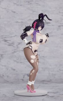 1girl 3d animal_ears barcode barcode_tattoo black_gloves black_hiphighs blush breasts breasts_squeezed_together brown_dust_(series) brown_dust_2 cleavage elbow_gloves fake_animal_ears figure from_side full_body gloves hair_between_eyes heart_maebari high_heels highres hiphighs holding holding_tray huge_breasts illlrabbit large_variant_set latex latex_gloves leg_tattoo loen_(brown_dust_2) loen_(celebrity_bunny)_(brown_dust_2) looking_at_viewer maebari navel pantyhose pink_shoes purple_eyes purple_hair rabbit_ears reverse_bunnysuit reverse_outfit shoes short_twintails sideboob solo stiletto_heels stomach tattoo thigh_strap torn_clothes torn_hiphighs torn_pantyhose tray twintails variant_set