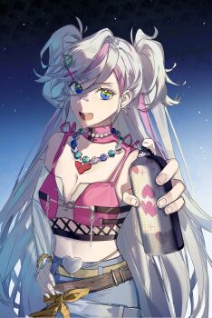 1girl :d absurdres bandaid bandaid_on_face bandaid_on_nose bead_bracelet bead_necklace beads belt blue_eyes blue_skirt bow bracelet breasts brown_belt camisole chinese_commentary cleavage collarbone commentary_request crop_top fishnet_top fishnets foreshortening golan_(path_to_nowhere) hair_ornament hand_on_own_hip heart highres holding holding_spray_can jewelry kuailemaoamaomao^o^ letter_hair_ornament long_hair looking_at_viewer medium_breasts midriff_peek multicolored_eyes multicolored_hair necklace open_mouth path_to_nowhere pink_camisole pink_streaks skirt smile solo spray_can streaked_hair swept_bangs two-tone_eyes two_side_up very_long_hair white_hair x_hair_ornament yellow_bow yellow_eyes