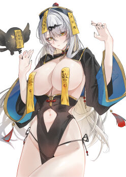 1girl absurdres alternate_costume black_dress black_hat black_nails black_panties black_shrug blush breasts closed_mouth clothing_cutout commentary cowboy_shot dress fingernails grey_hair hair_ornament hat highres jiangshi_costume large_breasts leo795 long_hair long_sleeves looking_at_viewer nail_polish navel navel_cutout ofuda ofuda_on_nipples outstretched_arms panties pasties pelvic_curtain shrug_(clothing) side-tie_panties simple_background solo symbol-only_commentary thighs underwear very_long_hair white_background yellow_eyes yixuan_(zenless_zone_zero) zenless_zone_zero zombie_pose
