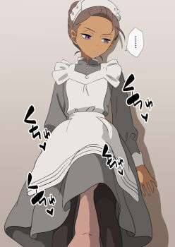 ... 1boy 1girl aji_n apron brown_hair commentary_request dark-skinned_female dark_skin dress expressionless grey_dress groping gundam gundam_gquuuuuux hand_under_clothes hand_under_skirt highres kanchana maid maid_apron maid_headdress molestation pantyhose pov pov_hands purple_eyes short_hair speech_bubble spoken_ellipsis standing