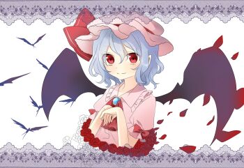 Rule 34 | 1girl, ascot, bat wings, blue hair, blush, bow, closed mouth, collared shirt, commentary request, falling petals, flower, frilled shirt collar, frills, hat, hat ribbon, looking at viewer, medium hair, mob cap, one-hour drawing challenge, petals, pink hat, pink shirt, pointy ears, puffy short sleeves, puffy sleeves, red ascot, red bow, red eyes, red flower, red petals, red rose, remilia scarlet, ribbon, rose, shirt, short sleeves, sleeve bow, smile, solo, touhou, tsuno no hito, upper body, wings