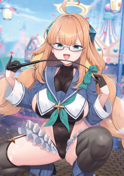 1girl ahoge black_gloves black_leotard blue_archive blue_eyes blue_shrug braid braided_twintails breasts commentary_request feather_hair feathers frilled_thigh_strap garter_straps glasses gloves half_gloves halo halter_leotard halterneck hassen_(8cm) highres holding holding_riding_crop impossible_clothes impossible_leotard large_breasts leotard long_hair looking_at_viewer official_alternate_costume open_mouth orange_hair revealing_clothes riding_crop shimiko_(blue_archive) shimiko_(magical)_(blue_archive) shrug_(clothing) smile solo spread_legs squatting super_highleg thigh_strap twin_braids yellow_feathers yellow_halo