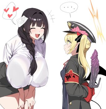 ... 2girls absurdres armband arms_behind_back black_coat black_dress black_hair black_hat black_skirt black_wings blonde_hair blue_archive bow braid breasts closed_eyes closed_mouth coat dildo dress female_sensei_(blue_archive) halo hat hat_bow heart highres holding holding_sex_toy huge_breasts ibuki_(blue_archive) long_hair looking_at_another multiple_girls open_clothes open_coat open_mouth pink_bow pointy_ears red_armband sensei_(blue_archive) sex_toy shirt skirt smile spoken_ellipsis spoken_heart white_background white_shirt wings xipa yellow_eyes yellow_halo