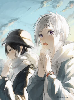 2boys absurdres akutagawa_ryuunosuke_(bungou_stray_dogs) black_hair black_hat black_streaks breath bucket_hat bungou_stray_dogs cloud colored_tips commentary_request grey_hoodie hat hiba_riko highres hood hoodie male_focus multicolored_hair multiple_boys nakajima_atsushi_(bungou_stray_dogs) open_mouth own_hands_together purple_eyes scarf short_hair sidelocks single_sidelock sky teeth twitter_username two-tone_hair watch white_hair white_hoodie white_scarf wristwatch