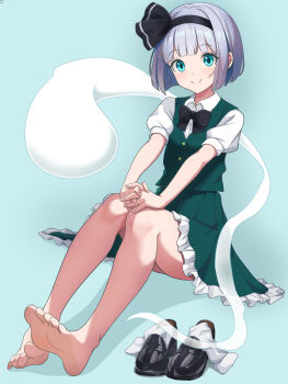 1girl aqua_background bare_legs barefoot black_bow black_bowtie black_hairband black_ribbon black_shoes blue_background blue_eyes blunt_bangs blunt_ends bob_cut bow bowtie c: closed_mouth collared_shirt commentary_request duplicate feet frilled_skirt frills full_body green_skirt green_vest grey_hair hairband hand_on_own_knee happy highres interlocked_fingers kisaragi_koushi knees_up konpaku_youmu konpaku_youmu_(ghost) loafers looking_at_viewer own_hands_together pixel-perfect_duplicate puffy_short_sleeves puffy_sleeves ribbon shirt shoes short_hair short_sleeves simple_background sitting skirt smile socks soles solo split_mouth toes touhou unworn_shoes unworn_socks v_arms vest white_shirt white_socks