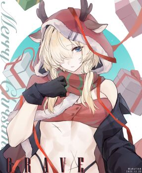 1girl alternate_costume animal_ears black_coat black_gloves blonde_hair blue_eyes box breasts capelet character_name cleavage coat commentary dated fake_animal_ears fake_horns fur-trimmed_capelet fur_trim gift gift_box gloves goddess_of_victory:_nikke grave_(nikke) hair_between_eyes hair_over_one_eye highres hood hood_up hooded_capelet horns long_hair looking_at_viewer medium_breasts merry_christmas midriff multiple_scars navel off_shoulder open_clothes open_coat parted_lips red_capelet red_scarf red_tube_top scar scar_on_stomach scarf sidelocks single_bare_shoulder solo standing strapless striped_clothes striped_scarf symbol-only_commentary tube_top twitter_username uko_tiao upper_body vertical-striped_clothes vertical-striped_scarf