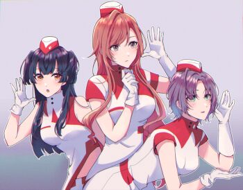 3girls ahoge aqua_eyes arisugawa_natsuha artist_request asakura_toru asymmetrical_gloves black_eyes black_hair blue_hair brown_hair dress garrison_cap gloves gradient_background gradient_hair grey_background hat idolmaster idolmaster_shiny_colors long_hair mayuzumi_fuyuko mismatched_gloves multicolored_hair multiple_girls shirt short_hair short_sleeves sleeveless sleeveless_shirt two_side_up voy@ger_(idolmaster) white_dress white_gloves yellow_eyes