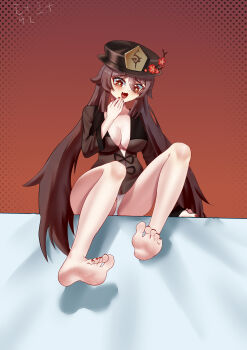 1girl absurdres barefoot blush brown_eyes brown_hair feet genshin_impact hat highres hu_tao_(genshin_impact) long_hair looking_at_viewer open_mouth panties pantyshot soles toes underwear yishudouzi