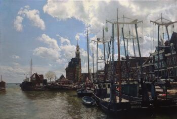 boat building cloud cloudy_sky commentary_request day harbor highres house mast naohiro_ito original reflection rope rowboat sail scenery shore shroud_(sailing) sky tower town tree watercraft