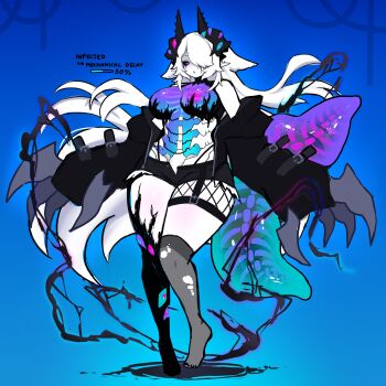 1girl absurdres android black_eyeshadow breasts bug_(houndeater) claws colored_skin eyeshadow highres horns houndeater long_hair makeup mole mole_under_eye monster_girl no_nipples original over-kneehighs pointy_ears ribs runny_makeup see-through_body shorts spine tail thighhighs white_hair white_skin wide_hips