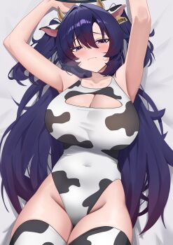 1girl absurdres animal_ear_hairband animal_ears animal_print armpits arms_up black_halo blue_archive blush breasts cleavage cleavage_cutout clothing_cutout commentary cow_ear_hairband cow_ears cow_horns cow_print cow_print_thighhighs fake_animal_ears hairband halo highleg highleg_one-piece_swimsuit highres horns large_breasts long_hair looking_at_viewer mcbox mechanical_halo one-piece_swimsuit open_mouth print_thighhighs solo swimsuit thighhighs yuuka_(blue_archive)