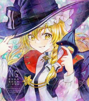Rule 34 | 1girl, alternate costume, alto2019, black capelet, black hat, blonde hair, bow, braid, capelet, commentary request, evil dragon (touhou), grin, hair bow, hand on headwear, hat, hat bow, highres, kirisame marisa, kirisame marisa (draconic black magic knight), long hair, sample watermark, side braid, signature, single braid, smile, solo, touhou, touhou lostword, watermark, watermark grid, white bow, witch hat, yellow eyes