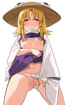 1girl black_nails blonde_hair blush breasts cleft_of_venus clothes_lift clothing_aside cowboy_shot esujii_(sg_gush_wak) flashing flat_chest from_below gluteal_fold hat legs_apart lifting_own_clothes loli long_sleeves looking_at_viewer medium_hair moriya_suwako nail_polish nipples nose_blush panties panties_aside panty_pull parted_bangs parted_lips purple_skirt purple_vest pussy shirt shirt_lift simple_background skirt skirt_lift small_breasts smile solo touhou turtleneck uncensored underwear vest white_background white_panties white_shirt wide_sleeves yellow_eyes