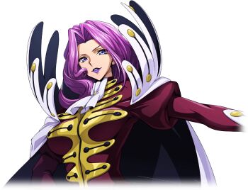 1girl arm_up artist_request ascot breasts cape coat code_geass code_geass:_lost_stories cornelia_li_britannia female_focus forehead game_cg gloves hair_intakes happy high_collar highres juliet_sleeves large_breasts lipstick long_hair long_sleeves looking_at_viewer makeup military_uniform non-web_source official_art outstretched_arm parted_lips puffy_sleeves purple_eyes purple_hair purple_lips red_coat sidelocks smile solo standing teeth upper_body v-shaped_eyebrows white_ascot white_cape white_gloves