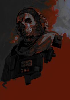 1boy absurdres balaclava bulletproof_vest call_of_duty call_of_duty:_modern_warfare_2 commentary cropped_torso english_commentary ghost_(modern_warfare_2) headphones headset highres limited_palette looking_at_viewer male_focus mask netcrow98 scarf skull_mask solo tactical_clothes union_jack