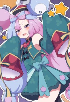 absurdres bow-shaped_hair character_hair_ornament dress green_dress green_shrug hair_ornament highres iono_(fall_2024)_(pokemon) iono_(pokemon) jiangshi_costume nintendo official_alternate_costume piyo_to_game pokemon pokemon_masters_ex sharp_teeth shrug_(clothing) teeth very_long_sleeves