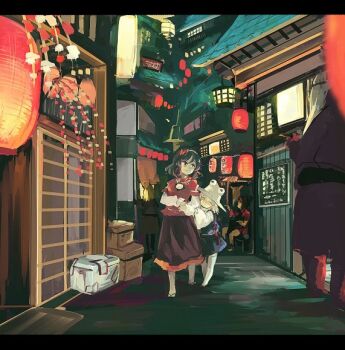 blonde_hair closed_eyes commentary_request hair_ornament hat lantern letterboxed long_sleeves looking_at_another moriya_suwako multiple_girls outdoors paper_lantern purple_hair purple_skirt purple_vest red_eyes rope sandals skirt skirt_set sliding_doors thighhighs touhou vest wataichi_meko wide_sleeves yasaka_kanako