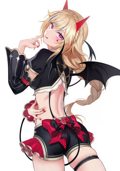 Rule 34 | 1girl, :p, absurdres, ass, back, backless outfit, black shorts, blonde hair, blue hair, bow, braid, braided ponytail, closed mouth, commentary, cowboy shot, crop top, crown braid, demon horns, demon tail, demon wings, detached sleeves, facial mark, fingernails, frilled shorts, frills, from behind, hair intakes, hand on own hip, heart, heart facial mark, highres, himehina channel, horns, light blush, long hair, looking at viewer, looking back, low-braided long hair, low-tied long hair, multicolored hair, nail polish, nose, puffy short sleeves, puffy sleeves, purple eyes, red nails, short shorts, short sleeves, shorts, simple background, solo, standing, streaked hair, suspender shorts, suspenders, suzuki hina, tail, thigh strap, tongue, tongue out, untranslatable commentary, virtual youtuber, white background, wings, z.boat