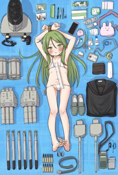 1girl absurdres admiral_(kancolle) arms_up bag barefoot bdsm bikini blue_background blush bondage bottle bound bound_arms box cellphone closed_mouth condom condom_packet_strip condom_wrapper flat_chest fumizuki_(kancolle) green_eyes green_hair highres kantai_collection loli long_hair looking_at_viewer lying micro_bikini minazuki_(kancolle) nagatsuki_(kancolle) name_tag on_back pen pencil pencil_case phone photo_(object) pill pok_(pok_0002) ruler satsuki_(kancolle) scissors shoes solo sweat swimsuit torpedo unworn_clothes unworn_shoes