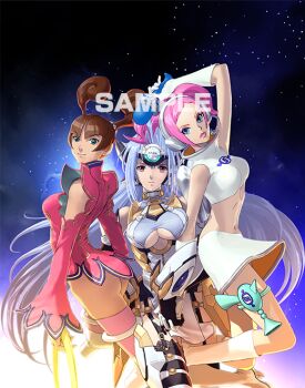 3girls ass blue_eyes boots breasts brown_hair capcom cleavage energy_gun green_eyes headgear headset june_lin_milliam kawano_takuji kos-mos kos-mos_ver._4 large_breasts long_hair midriff multiple_girls namco official_art official_wallpaper pink_hair project_x_zone_2 ray_gun red_eyes sample_watermark sega skirt sleeveless space_channel_5 star_(sky) star_gladiator thigh_boots thighhighs twintails ulala underboob watermark weapon xenosaga xenosaga_episode_iii