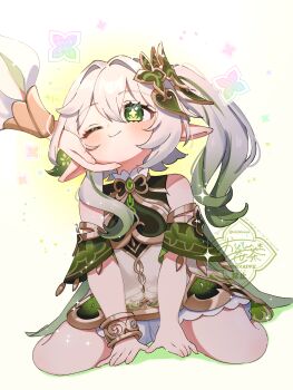 1girl 1other ;) absurdres bare_shoulders bloomers blush closed_mouth commentary_request detached_sleeves disembodied_hand dress full_body genshin_impact green_eyes green_hair green_shoes green_sleeves grey_hair hair_ornament hand_on_another's_cheek hand_on_another's_face highres long_hair multicolored_hair nahida_(genshin_impact) oishii_sasa one_eye_closed pointy_ears shoes side_ponytail sitting sleeveless sleeveless_dress smile twitter_username two-tone_hair underwear wariza watermark white_bloomers white_dress