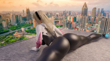 1girl 3d ass ballet_slippers black_hairband blonde_hair blurry bodysuit city cloud day depth_of_field gwen_stacy hairband huge_ass impossible_bodysuit impossible_clothes long_hair marvel mavixtious on_floor on_ground outdoors park rooftop skin_tight skin_tight skin_tight sky solo spider-gwen spider-man_(series) split split spread_legs thick_thighs thighs