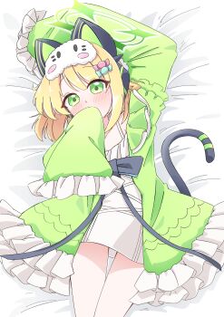 1girl absurdres animal_ear_headphones animal_ears arm_up bed_sheet black_bow black_bowtie black_tail blonde_hair blue_archive blush bow bowtie candy_hair_ornament cat_ear_headphones cat_ears cat_tail closed_mouth collarbone commentary covering_own_mouth dress fake_animal_ears fake_tail food-themed_hair_ornament frilled_dress frilled_sleeves frills green_dress green_eyes green_halo hair_ornament halo hand_up headphones highres layered_dress long_sleeves looking_at_viewer lying midori_(blue_archive) multicolored_dress official_alternate_costume on_back on_bed pajamas reiremi short_hair sidelocks sleep_mask sleeve_over_mouth sleeves_past_fingers sleeves_past_wrists solo spaghetti_strap tail two-tone_dress white_dress
