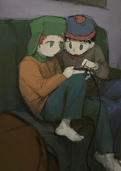 Rule 34 | 2boys, black hair, blue eyes, couch, green eyes, green hat, hat, jacket, kaixinchafang, kenny mccormick, kyle broflovski, male focus, multiple boys, orange jacket, red hair, sitting, south park, stan marsh, ushanka