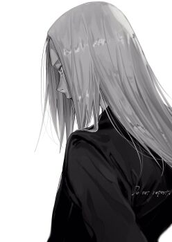 1boy commentary_request from_behind greyscale highres jacket long_hair male_focus monochrome sakamoto_days shishiba_(sakamoto_days) siji105 simple_background solo suit_jacket upper_body white_background