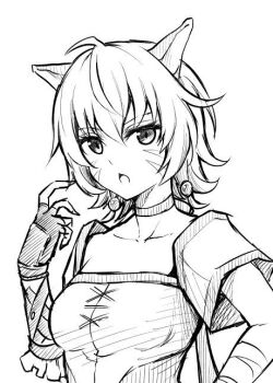 1girl animal_ears breasts cat_ears cat_girl choker collar collarbone eyelashes facepaint facial_mark fire_emblem fire_emblem:_path_of_radiance fire_emblem:_radiant_dawn hair_between_eyes hand_guard laguz_(fire_emblem) lethe_(fire_emblem) looking_at_viewer messy_hair monochrome nintendo open_mouth small_breasts solo ten_(tenchan_man) whisker_markings white_background