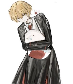 Rule 34 | 1boy, black pants, black suit, blonde hair, closed mouth, formal clothes, highres, limbus company, looking at viewer, male focus, necktie, pants, project moon, punishing bird, red necktie, rugatu to, shirt, simple background, sinclair (project moon), solo, stuffed animal, stuffed toy, suit, suspenders, white background, white shirt, yellow eyes