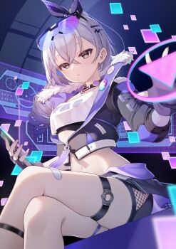 1girl badge black_background black_collar black_gloves black_jacket bow breasts button_badge circle closed_mouth clothing_cutout collar commentary crop_top cropped_jacket cropped_legs crossed_bangs crossed_legs eyewear_on_head fingerless_gloves fishnets from_below fur-trimmed_jacket fur_trim gloves goggles goggles_on_head gradient_background grey_eyes grey_hair hair_behind_ear hair_between_eyes hair_bow hand_up highres hip_vent holding holding_phone hologram honkai:_star_rail honkai_(series) jacket long_sleeves looking_at_viewer midriff multicolored_background multicolored_jacket navel o-ring o-ring_thigh_strap partially_unzipped phone ponytail purple_background purple_bow shirt short_shorts shorts silver_wolf_(honkai:_star_rail) single_drill sitting sitting_on_object skindentation small_breasts square thigh_strap thighs toramaru_(toramal9831) triangle white_shirt zipper_pull_tab