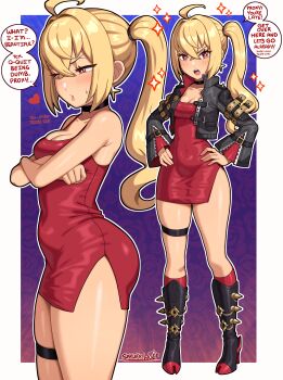 1girl absurdres ahoge alternate_costume black_choker black_jacket blonde_hair blush boots breasts choker cleavage closed_mouth covered_navel crossed_arms dress hair_between_eyes hands_on_own_hips high_heel_boots high_heels highres jacket long_hair looking_at_viewer luciana_de_montefio medium_breasts open_clothes open_jacket open_mouth red_dress red_eyes revision right-to-left_comic sarukaiwolf shoes short_dress side_ponytail sparkle spiked_shoes spikes taut_clothes taut_dress thigh_strap tight_clothes tight_dress tsundere zenless_zone_zero