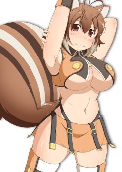 1girl :3 animal_ears armpits bare_shoulders blazblue blush breasts brown_hair crop_top fingerless_gloves gloves large_breasts makoto_nanaya microskirt midriff mirano short_hair skirt sleeveless squirrel_ears squirrel_girl squirrel_tail tail thighhighs underboob white_background