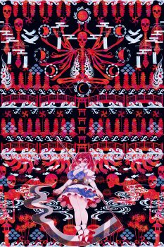 1girl absurdres bird blue_dress boku_(isizakitakasi) breasts brown_sash cleavage cloud crescent_moon dress egasumi extra_arms flower full_moon geta highres holding holding_scythe huge_weapon large_breasts long_hair moon moon_phases onozuka_komachi pinwheel red_hair red_sandals sandals scythe skeleton skull socks spider_lily thighs torii touhou twintails waves weapon white_socks