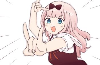 Rule 34 | 1girl, \m/, black bow, black vest, blue eyes, bow, commentary request, double \m/, fujiwara chika, hair bow, highres, iyowa (igusuri please), kaguya-sama wa kokurasetai ~tensai-tachi no renai zunousen~, long hair, looking at viewer, motion lines, open mouth, pink hair, red ribbon, ribbon, shirt, short sleeves, simple background, sketch, smile, solo, speed lines, teeth, upper body, upper teeth only, vest, white background, white shirt