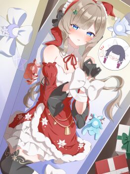 2girls absurdres black_gloves black_hair blue_eyes blush box brown_hair christmas columbina_(genshin_impact) commentary_request genshin_impact gift gift_box gloves hat highres kokoaji_(koko_aj1) long_hair looking_at_viewer lying multicolored_hair multiple_girls open_mouth purple_hair ribbon sandrone_(genshin_impact) santa_costume santa_hat thighhighs two-tone_hair white_ribbon