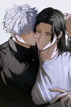 2boys adam&#039;s_apple arm_up black_shirt blue_eyes brown_eyes closed_mouth colored_eyelashes commentary crew_neck english_commentary eye_contact fingernails getou_suguru gojou_satoru hair_down highres jujutsu_kaisen kiss kissing_cheek long_hair long_sleeves looking_at_another looking_to_the_side male_focus multiple_boys ogata69 parted_hair piercing plug_(piercing) shirt simple_background smile white_background white_hair white_shirt yaoi
