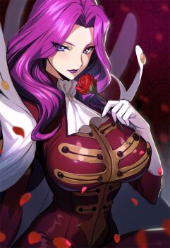 1girl ascot blurry breasts cape closed_mouth code_geass commentary cornelia_li_britannia depth_of_field elbow_gloves falling_petals flower gloves hair_intakes holding holding_flower huge_breasts impossible_clothes impossible_jacket jacket kisuu lipstick long_hair looking_at_viewer makeup military military_jacket military_uniform petals purple_eyes purple_hair purple_lips red_flower red_jacket red_rose rose solo white_ascot white_cape white_gloves
