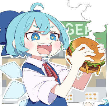 Rule 34 | + +, 1girl, absurdres, ahoge, aqua hair, blue bow, blue dress, blue eyes, bow, burger, character doll, cirno, collared shirt, commentary, crossed bangs, detached wings, doll, double-parted bangs, dress, drooling, food, fumo (doll), hair bow, highres, holding, holding burger, holding food, kame (kamepan44231), neck ribbon, open mouth, puffy short sleeves, puffy sleeves, red ribbon, ribbon, saliva, shirt, short hair, short sleeves, solo, symbol-only commentary, teeth, touhou, trembling, upper body, white shirt, wings
