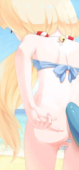 1girl absurdres animal_ears ass beach bikini bikini_top_only blonde_hair bottomless cameltoe cat_ears female_focus fins fish_tail from_behind highres imuroy00 indie_virtual_youtuber legs lifebuoy_hair_ornament loli long_hair long_twintails maebari ocean sameko_saba sky solo swimsuit tail tape thighs twintails virtual_youtuber