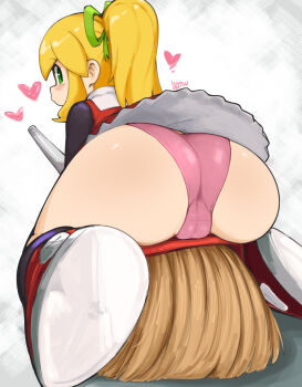 1girl ass ass_focus blonde_hair broom broom_riding cameltoe female_focus from_behind green_eyes hatsu_(hatsumiilkshake) heart highres huge_ass kyojiri_loli loli looking_back mega_man_(classic) mega_man_(series) panties pink_panties ponytail roll_(mega_man) solo underwear