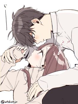 1boy 1girl brown_eyes brown_hair caleb_(love_and_deepspace) couple hetero highres holding_another's_wrist light_blush long_hair looking_at_another love_and_deepspace mtsk_0420 protagonist_(love_and_deepspace) romaji_text simple_background sweater turtleneck turtleneck_sweater white_background white_sweater