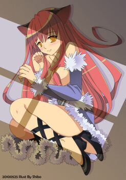 1girl animal_ears black_shoes blue_cape blue_sleeves blush breasts cape cat_ears cat_girl closed_mouth commentary dated detached_sleeves english_commentary full_body fur-trimmed_cape fur-trimmed_sleeves fur_trim izumishibo large_breasts long_hair looking_at_viewer on_ground pink_hair ragnarok_online shoes smile solo stalker_(ragnarok_online) waist_cape window_shadow yellow_eyes