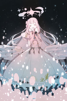 1girl angel_wings black_scrunchie blue_archive blue_bow blue_bowtie blue_hair bow bowtie buttons capelet closed_eyes covered_mouth crescent double-breasted dress facing_viewer feathered_wings feet_out_of_frame frilled_dress frills gradient_hair hair_bun hair_ornament halo highres long_hair low_wings mika_(blue_archive) multicolored_hair own_hands_clasped own_hands_together pink_hair pink_halo scrunchie single_side_bun sleeveless sleeveless_dress socks solo star_(sky) starry_sky_background tachibana_(tachibanableu) very_long_hair white_capelet white_dress white_socks white_wings wings wrist_scrunchie