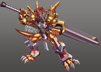 armor artist_name colored_skin commentary digimon digimon_(creature) dragon english_commentary full_body gradient_background green_eyes grey_background highres holding holding_sword holding_weapon horns orange_skin red_hair short_hair simple_background skaphel sword victorygreymon weapon yellow_armor